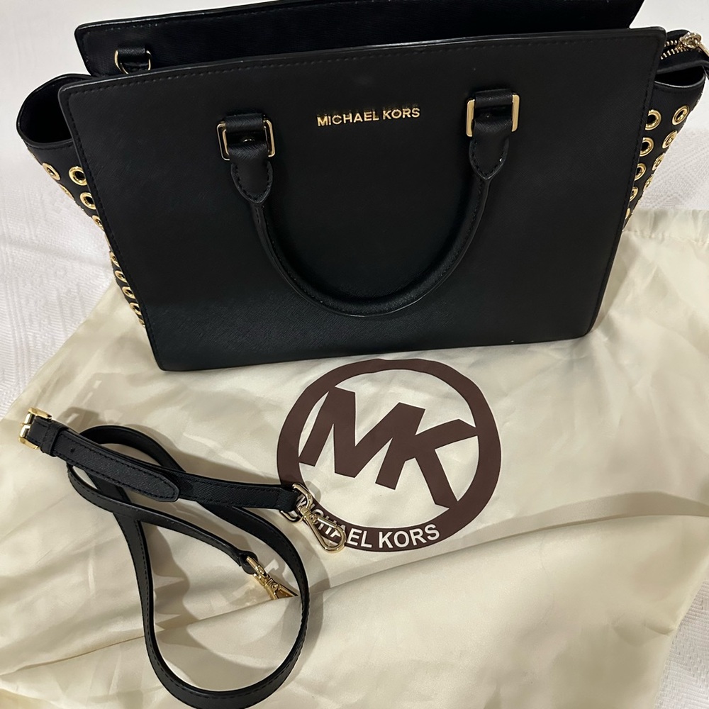 Michael Kors Black Leather Satchel with Gold Accents
